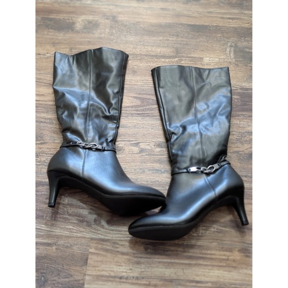 Kensie Girl KS-HANNA Black Tall Slouchy Boots Rhinestone Chain Kitten Heel 10M